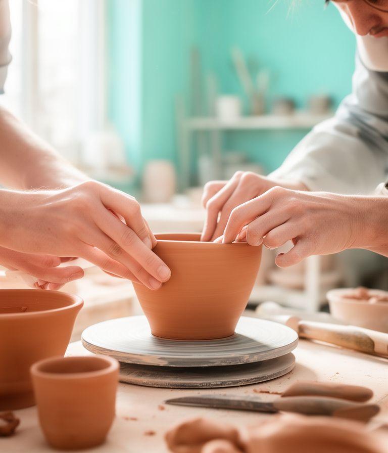 Handwerksteam in der Werkstatt mit frisch geformten Pflanzgefässen und weichem Tageslicht